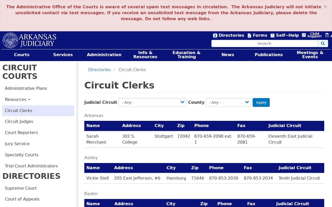Arkansas Judiciary Conway County Circuit Clerk directory entry