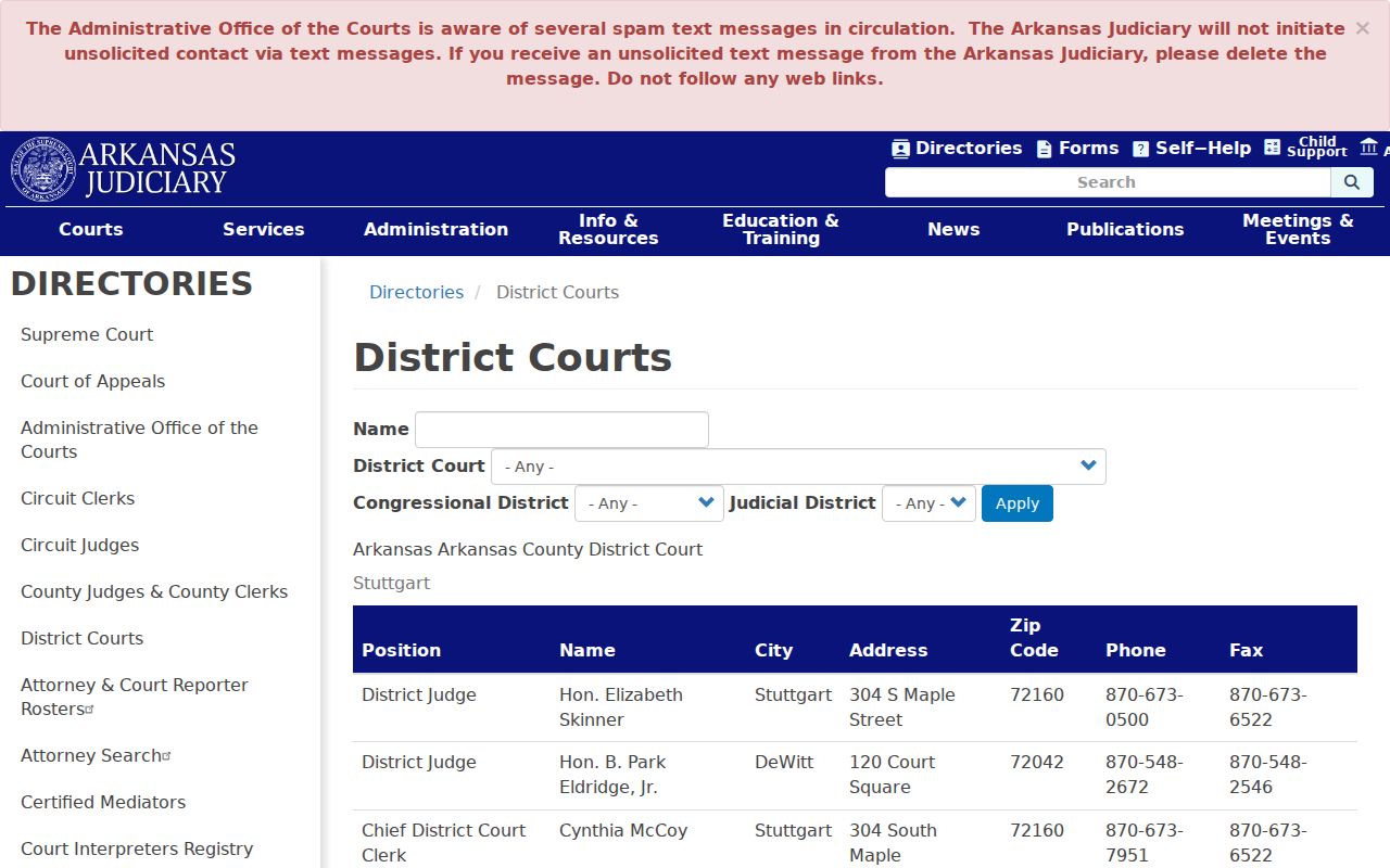 Arkansas Judiciary directory showing Conway County District Court departments