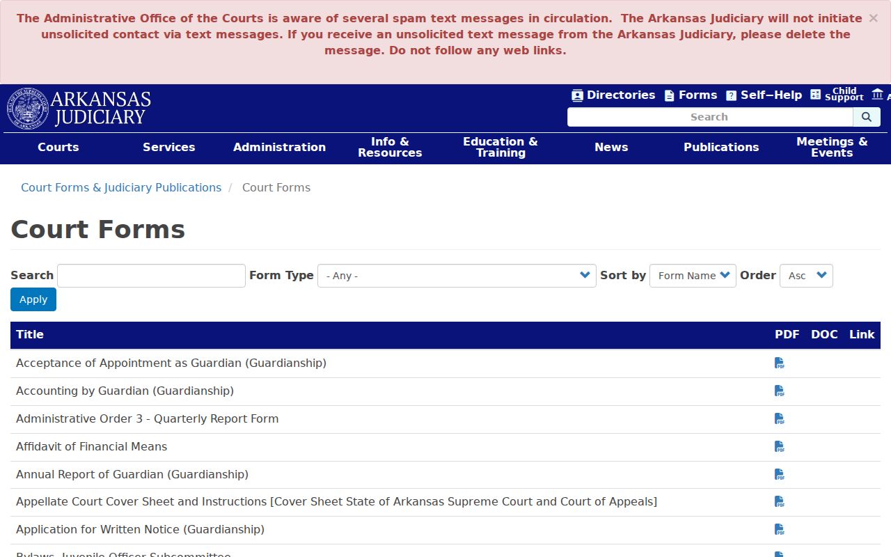 Arkansas Judiciary warrant and criminal forms page
