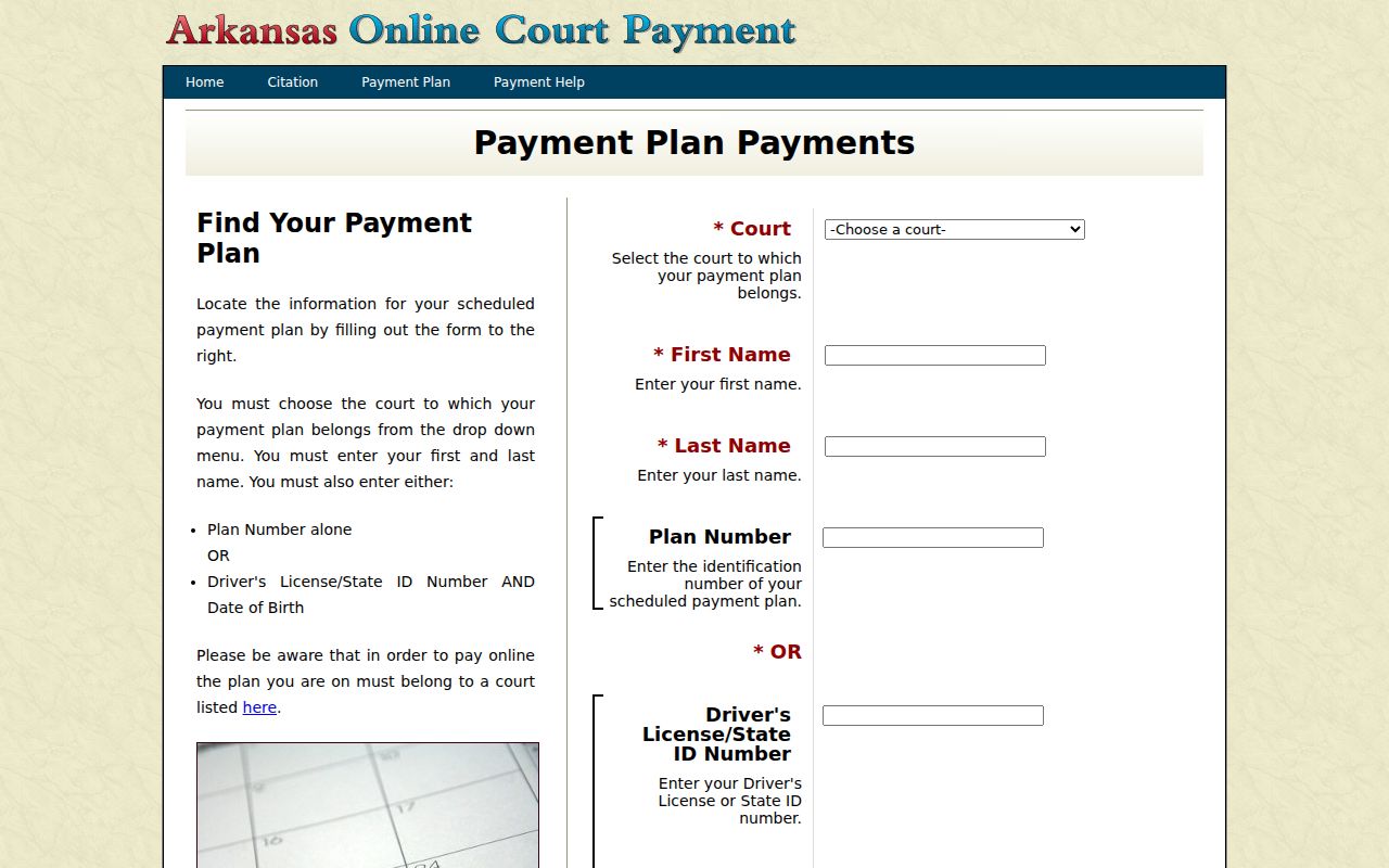 Arkansas eTraffic payment-plan form for eligible Conway County obligations
