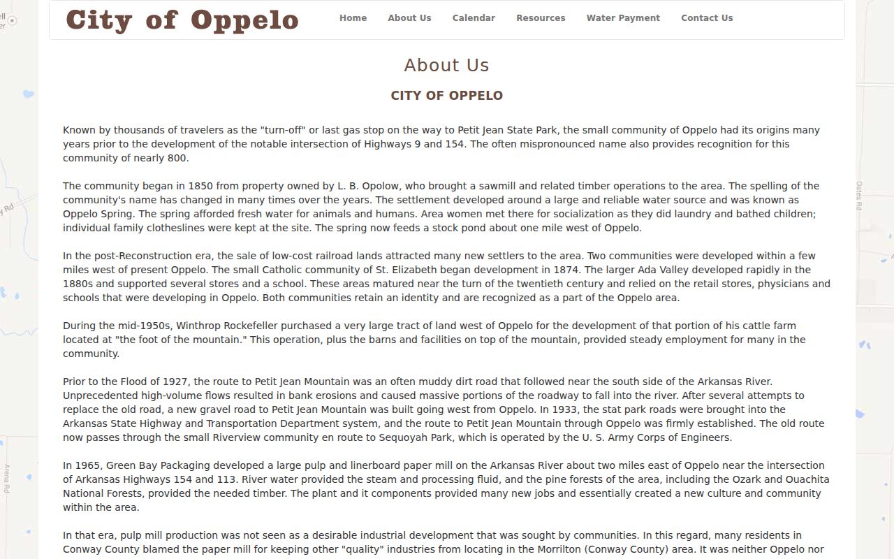 Oppelo official page describing police and court services in Conway County