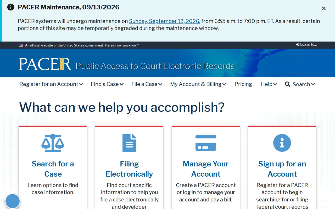 Official PACER federal case access page, separate from Conway County warrant records
